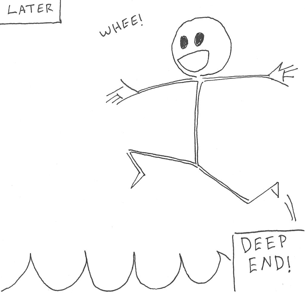 A stick person happily jumping into the deep end of a swimming pool