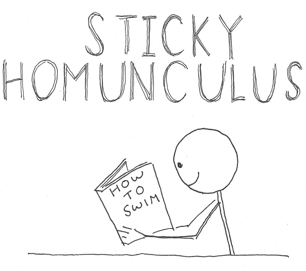 A stick person reading a book "How to swim"
